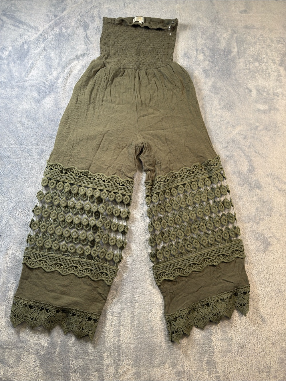 Smocked Olive Crochet-Trim Wide-Leg Jumpsuit #3220